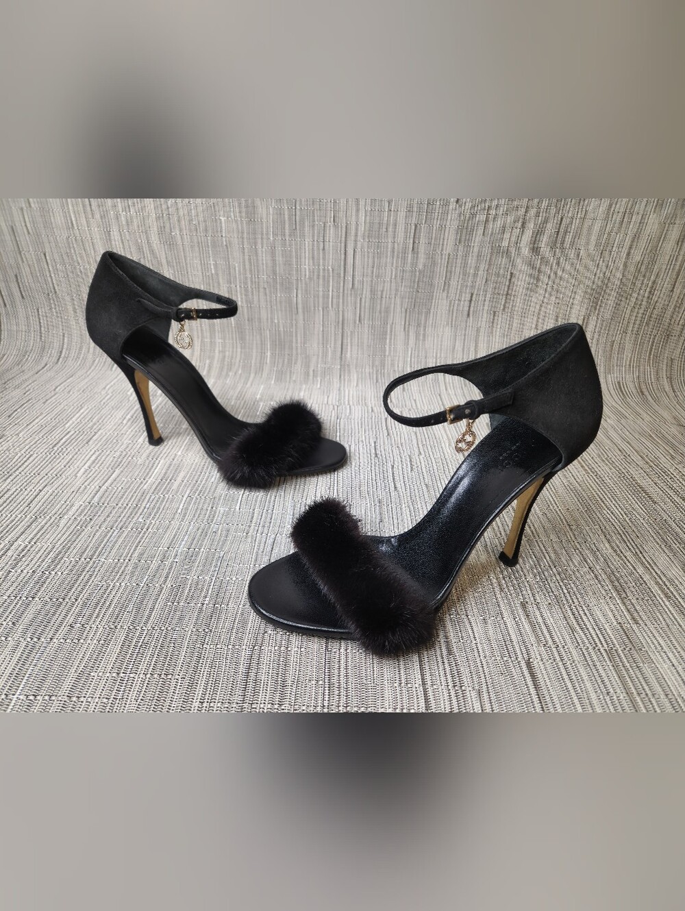 Gucci Black Suede And Mink Heeled Sandals - US Women's 7.5